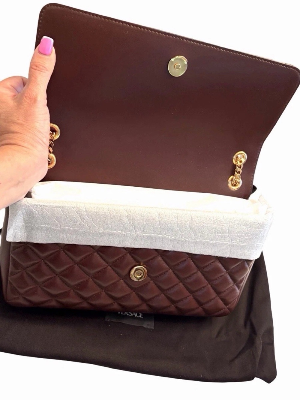 Versace La Medusa Brown Quilted Lambskin Leather Medium Crossbody Shoulder Bag - Picture 10 of 16